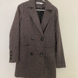 JustFab Woman’s Houndstooth Double-Breasted Peacoat, Classic Plaid Coat, XXS